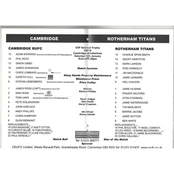 2007/08 Cambridge v Rotherham Titans 4th Round EDF National Trophy (12/01/2008) Rugby Union Programme