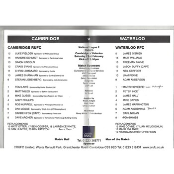 2008/09 Cambridge v Waterloo (21/02/2009) Rugby Union Programme