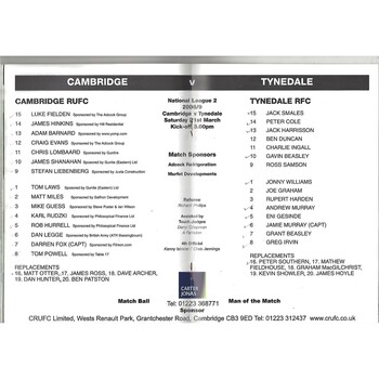 2008/09 Cambridge v Tynedale (21/03/2009) Rugby Union Programme