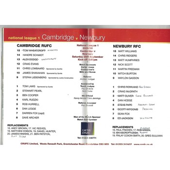 2009/10 Cambridge v Newbury (26/09/2009) Rugby Union Programme
