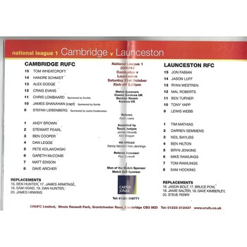 2009/10 Cambridge v Launceston (31/10/2009) Rugby Union Programme