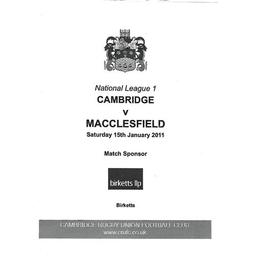 2010/11 Cambridge v Macclesfield (15/01/2011) Rugby Union Programme