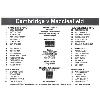 2010/11 Cambridge v Macclesfield (15/01/2011) Rugby Union Programme
