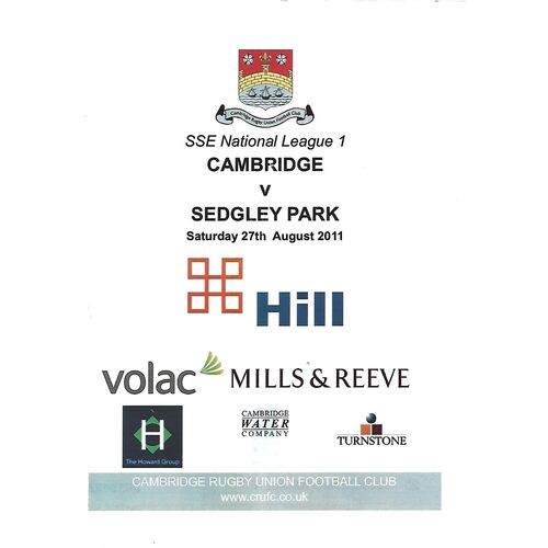 2011/12 Cambridge v Sedgley Park (27/08/2011) Rugby Union Programme