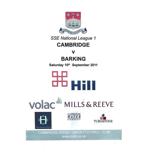 2011/12 Cambridge v Barking (10/09/2011) Rugby Union Programme & Loose Team Sheet