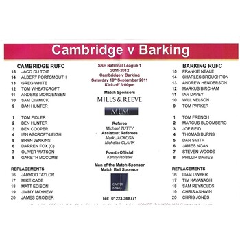 2011/12 Cambridge v Barking (10/09/2011) Rugby Union Programme & Loose Team Sheet