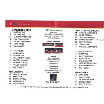 2011/12 Cambridge v Macclesfield (01/10/2011) Rugby Union Programme & Loose Team Sheet