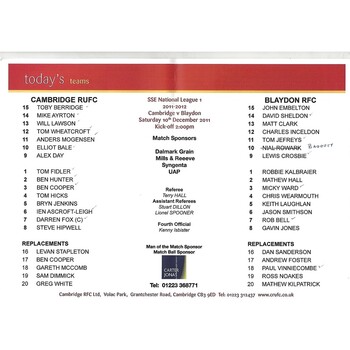 2011/12 Cambridge v Blaydon (09/12/2011) Rugby Union Programme & Loose Team Sheet