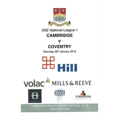 2011/12 Cambridge v Coventry (28/10/2012) Rugby Union Programme & Loose Team Sheet