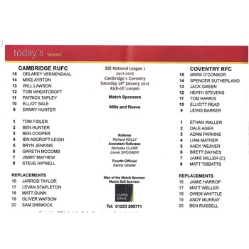 2011/12 Cambridge v Coventry (28/10/2012) Rugby Union Programme & Loose Team Sheet