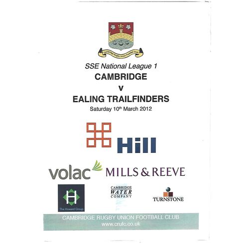 2011/12 Cambridge v Ealing Trailfinders (10/03/2012) Rugby Union Programme & Loose Team Sheet