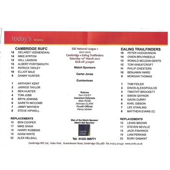 2011/12 Cambridge v Ealing Trailfinders (10/03/2012) Rugby Union Programme & Loose Team Sheet