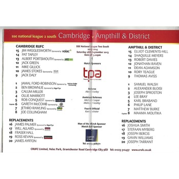 2013/14 Cambridge v Ampthill & District (28/09/2013) Rugby Union Programme