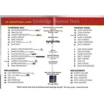 2013/14 Cambridge v Taunton Titans (16/11/2013) Rugby Union Programme