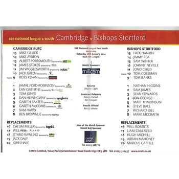 2013/14 Cambridge v Bishops Stortford (18/01/2014) Rugby Union Programme