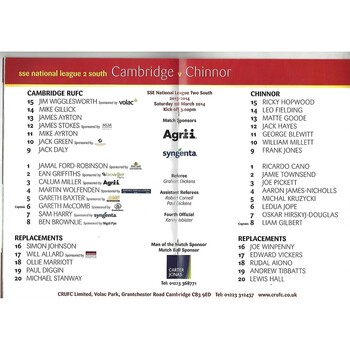 2013/14 Cambridge v Chinnor (01/03/2014) Rugby Union Programme