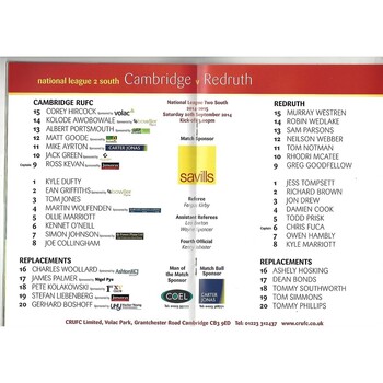 2014/15 Cambridge v Redruth (20/09/2014) Rugby Union Programme