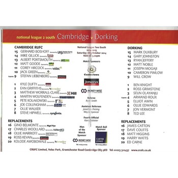 2014/15 Cambridge v Dorking (18/10/2014) Rugby Union Programme