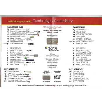 2015/16 Cambridge v Canterbury (30/01/2016) Rugby Union Programme