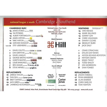 2015/16 Cambridge v Southend (16/04/2016) Rugby Union Programme