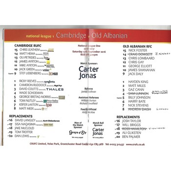 2016/17 Cambridge v Old Albanian (17/09/2016) Rugby Union Programme