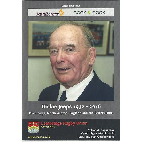 2016/17 Cambridge v Macclesfield (15/10/2016) Rugby Union Programme