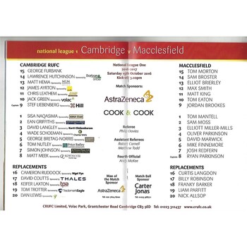 2016/17 Cambridge v Macclesfield (15/10/2016) Rugby Union Programme