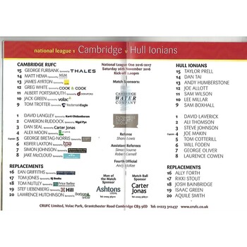 2016/17 Cambridge v Hull Ionians (26/11/2016) Rugby Union Programme