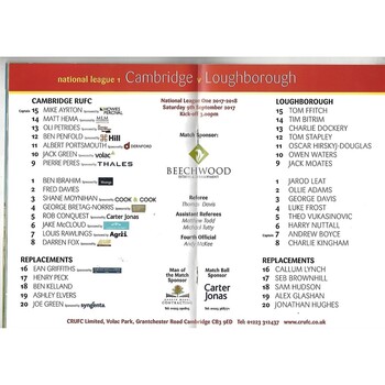 2017/18 Cambridge v Loughborough (09/09/2017) Rugby Union Programme