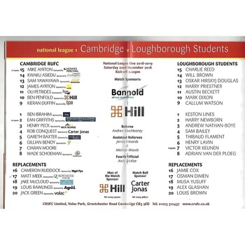 2018/19 Cambridge v Loughborough Students (22/11/2018) Rugby Union Programme