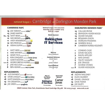 2019/20 Cambridge v Darlington Mowden Park (23/11/2019) Rugby Union Programme