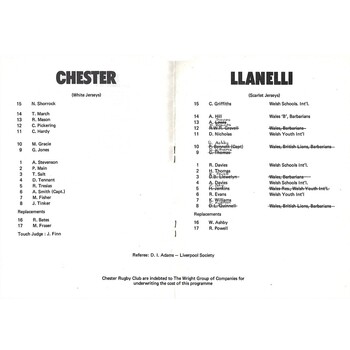 1976/77 Chester v Llanelli (01/09/1976) Rugby Union Programme