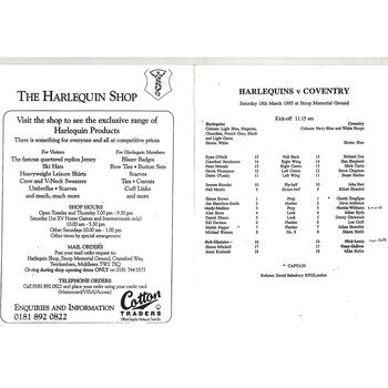 1994/95 Harlequins v Coventry (18/03/1995) Rugby Union Programme