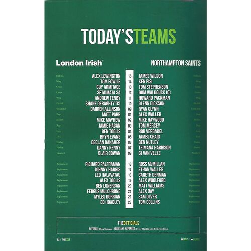 2013/14 London Irish v Northampton Saints (17/11/2013) LV Cup Rugby Union Programme