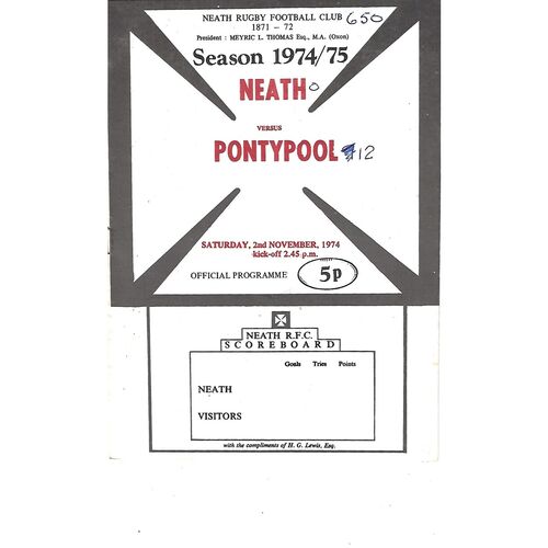 Pontypool Away Rugby Union Programmes