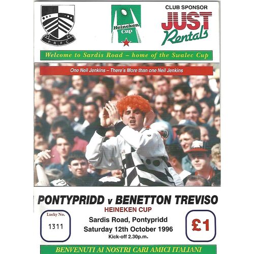 1996/97 Pontypridd v Benetton Treviso Heineken Cup Group Match (12/10/1996) Rugby Union Programme