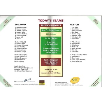 2009/10 Shelford v Clifton (10/10/2009) Rugby Union Programme