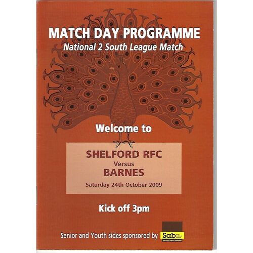 2009/10 Shelford v Barnes (24/10/2009) Rugby Union Programme