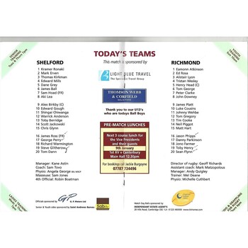 2009/10 Shelford v Richmond (28/11/2009) Rugby Union Programme