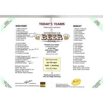 2009/10 Shelford v Henley (03/04/2010) Rugby Union Programme