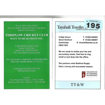 2009/10 Shelford v Henley (03/04/2010) Rugby Union Programme