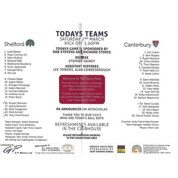 2012/13 Shelford v Canterbury (02/03/2013) Rugby Union Programme