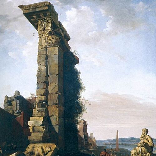 Idealised View with Roman Ruins, Sculptures, and a Port