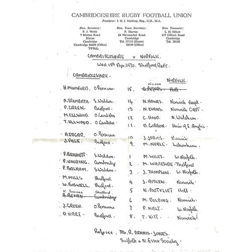 1969/70 Cambridgeshire v Norfolk (15/04/1970) County Championship Rugby Union Team Sheet
