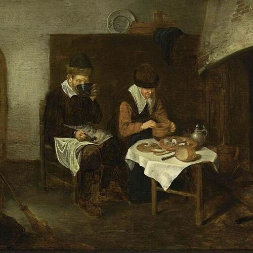 A Couple Having a Meal before a Fireplace