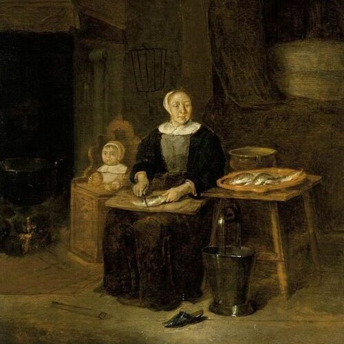 A Woman Scaling Fish