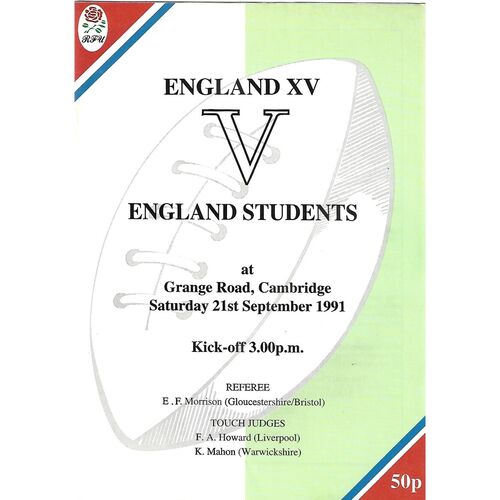 1991 England XV v England Students (21/09/1991) Rugby Union Programme