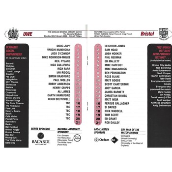 2000 UWE v Bristol The Barcardi Bristol Varsity Match (28/02/2000) Rugby Union Programme