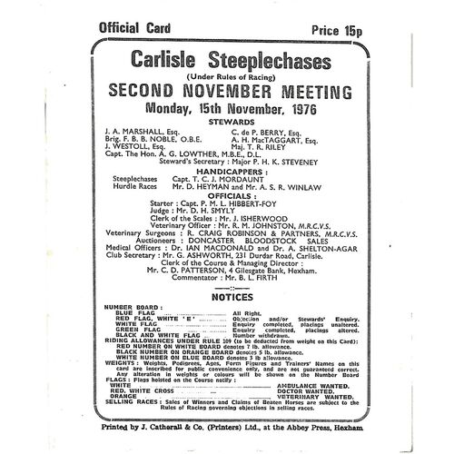 1976 Carlisle Horse Racing Racecard (15/11/1976) Second November Meeting