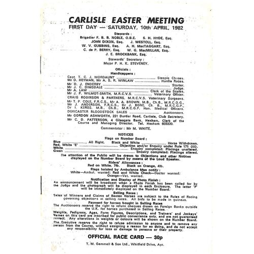 1982 Carlisle Horse Racing Racecard (10/04/1982) Easter Meeting First Day